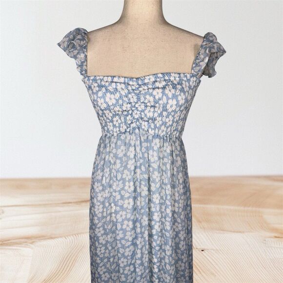 Aakaa Anthropologie Blue Floral Smocked Flutter Strap Maxi Dress Size Small - Picture 3 of 7